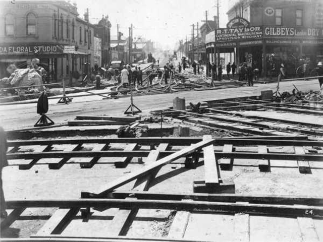 Installing new tracks for the electric trams at St Kilda Junction circa 1925