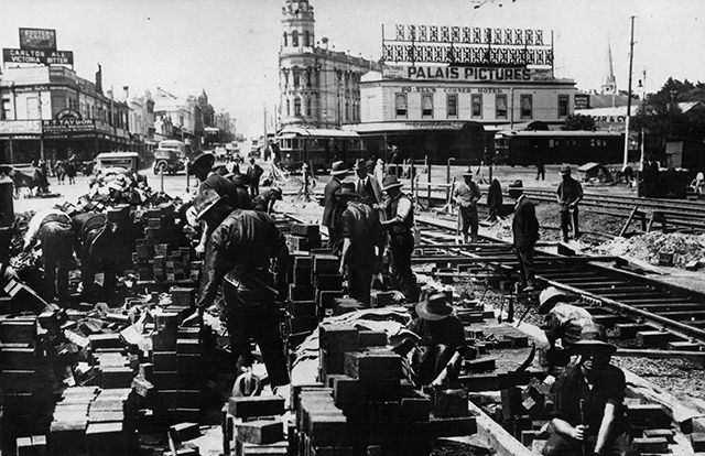 Installing new tracks for the electric trams at St Kilda Junction circa 1925