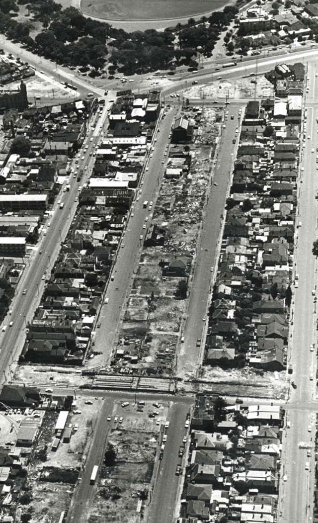 Demolitions to make way for the four-lane extension of Queens Way at St Kilda Junction ca 1967